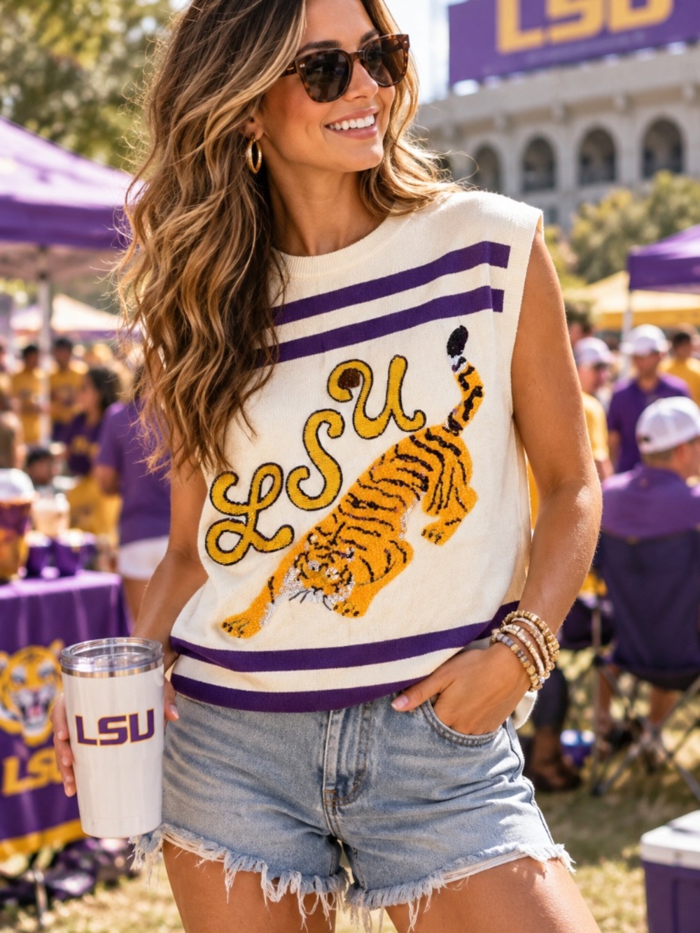 Queen of Sparkles LSU Tigers Sequin Tiger Sweater Vest Cropped Tank S Chic SEC
